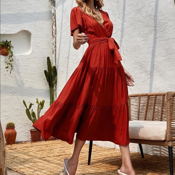 Boho surplice belted A line dress - Picture 11 of 15